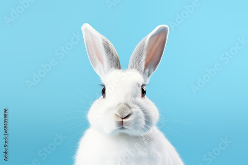 Close up view on a white rabbit on a light blue background. Easter concept