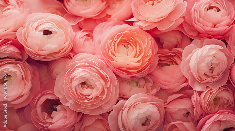 Flowers background with ranunculus flower in trendy pink coral color Flowers background with ranunculus flower in trendy pink coral color