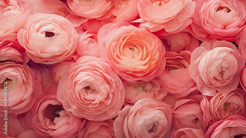Flowers background with ranunculus flower in trendy pink coral color photo