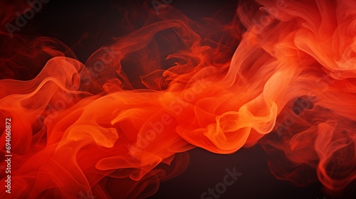Orange particle smoke on a dark background in motion. Blood in the water. Biological process. Abstract background. A fiery dance of bright flames. Horizontal banner