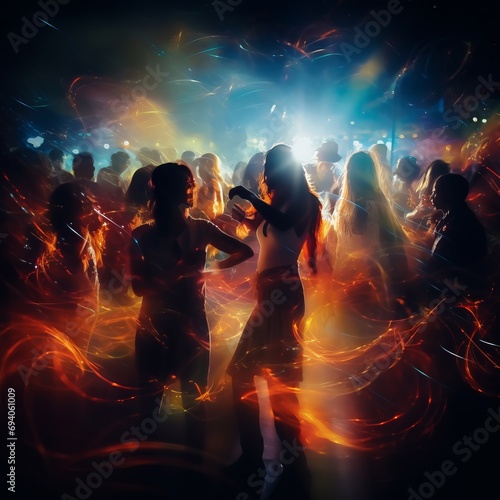 People at a concert in smoke raising their hands. Blurred background and movements. Energetic music party. Live music and fun. Concept of celebration  lively crowd  madness
