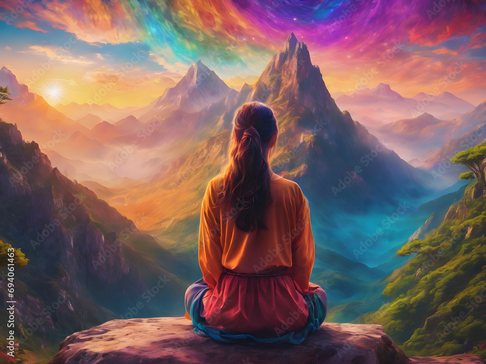 Meditation, landscape and woman sitting on mountain top for mindfulness and relax spirituality