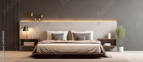 Stylish bedroom with a luxurious king-size bed, modern lighting, and beautiful nightstands. © TheWaterMeloonProjec