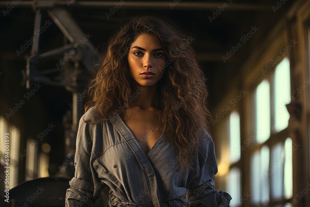 Confident woman stands in a rustic building, her voluminous hair illuminated by the soft light, exuding elegance and mystery.
Confident woman stands in a rustic building, her voluminous hair illuminated by the soft light, exuding elegance and mystery.