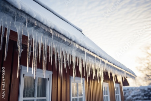 Icicles on the edge of a wooden house roof © InfiniteStudio