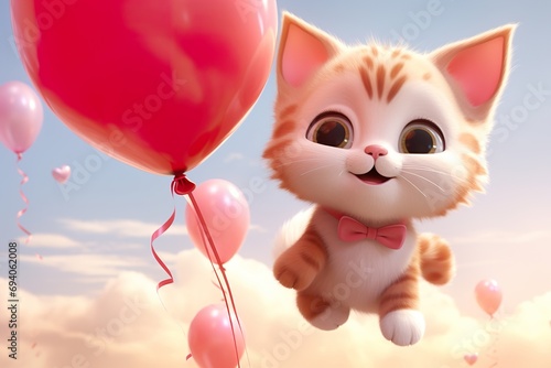 Cute animated cats holding Valentine's Day balloons and floating among clouds