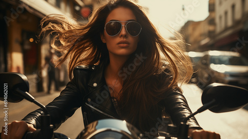 Portrait of a beautiful girl on a motorcycle, bucker, sports motocross, luxury style, glamour, cool free ride travel , leather latex clothing, lifestyle speed riding, helmet