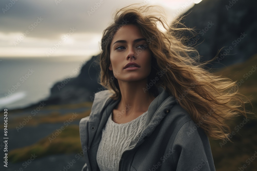 Captivating windswept woman on a coastal cliff, embodying the free spirit of nature with a dramatic backdrop.
Captivating windswept woman on a coastal cliff, embodying the free spirit of nature with a dramatic backdrop.