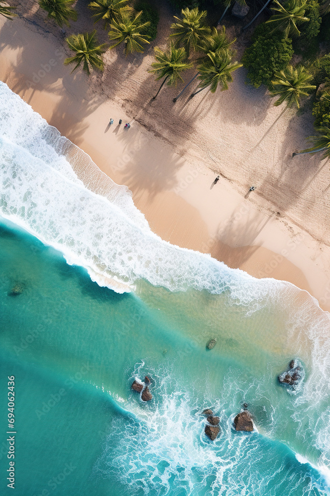Aerial shot of tropical beach. Coastline with palm trees and clear blue water. Drone shot. Vertical photo