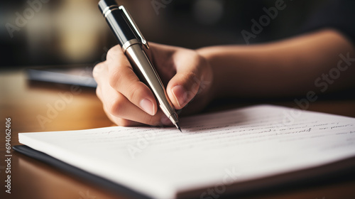 Close up professional female doctor wearing uniform taking notes in journal, physician therapist practitioner filling medical documents, clipboard, patient form, illness history, prescription photo