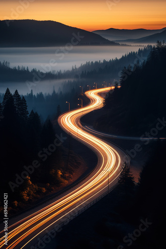 Aerial shot. Light trails at night on a remote mountain road. Drone shot. Long exposure. Vertical photo © Jsanz_photo