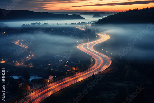  Aerial shot. Light trails at night on a remote mountain road. Drone shot. Long exposure 