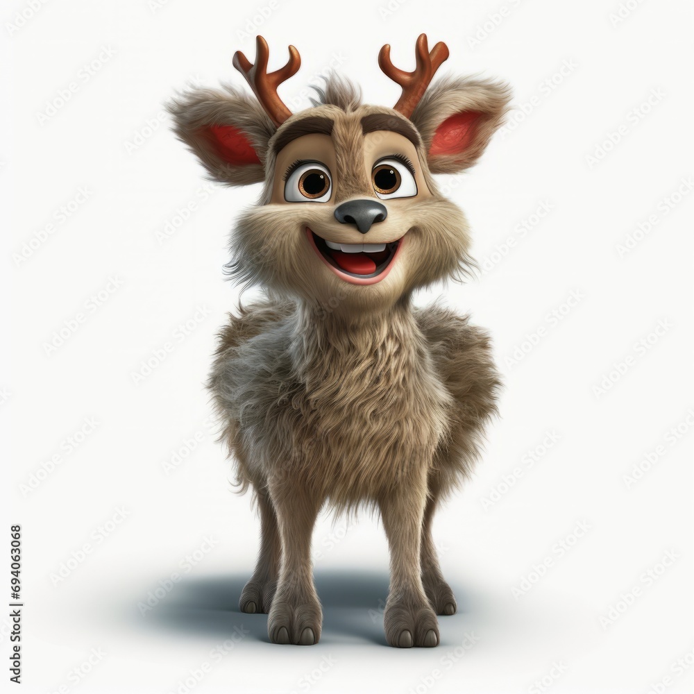 Fototapeta premium photorealistic fuzzy cute reindeer character study with a glowing red nose like rudolph on a white background