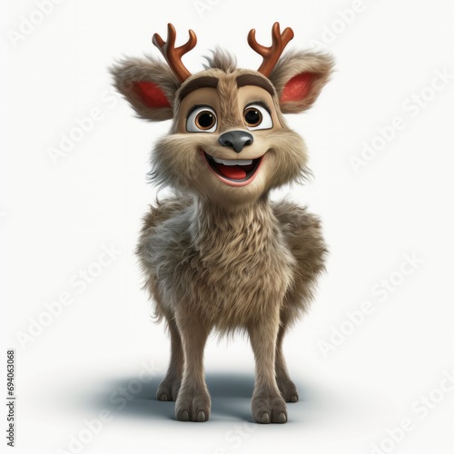 photorealistic fuzzy cute reindeer character study with a glowing red nose like rudolph on a white background