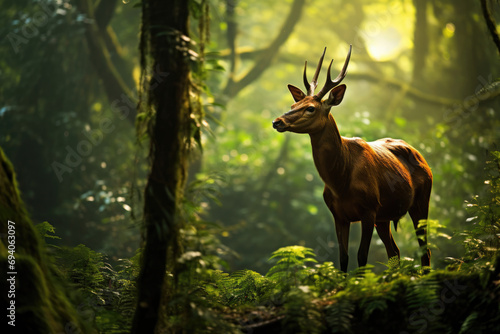 Elusive Saola, also known as the Asian unicorn, gracefully navigating a lush, untouched forest
