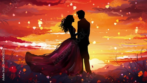 Romantic illustration. Man and woman in love at the sunset with flying animated hearts around photo