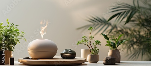 Home meditation and relaxation space with aroma diffuser, candles, comfortable stones, and aesthetic decor for indoor design and enjoyment. photo