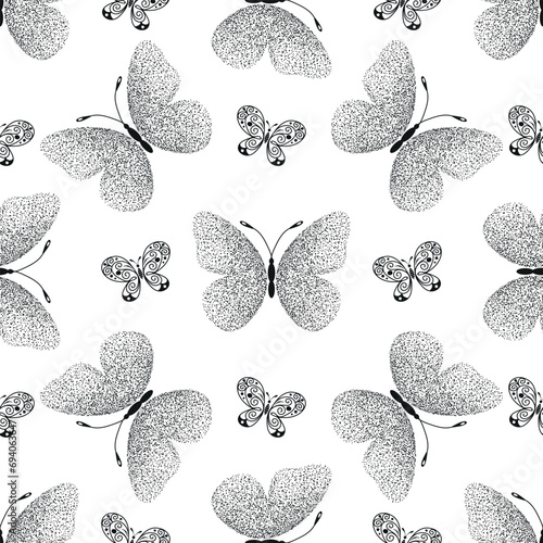 Vector seamless monochrome pattern with black doodle butterflies on the transparent background photo