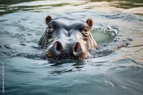 Hippopotamus swimming in river with animal dung on its head