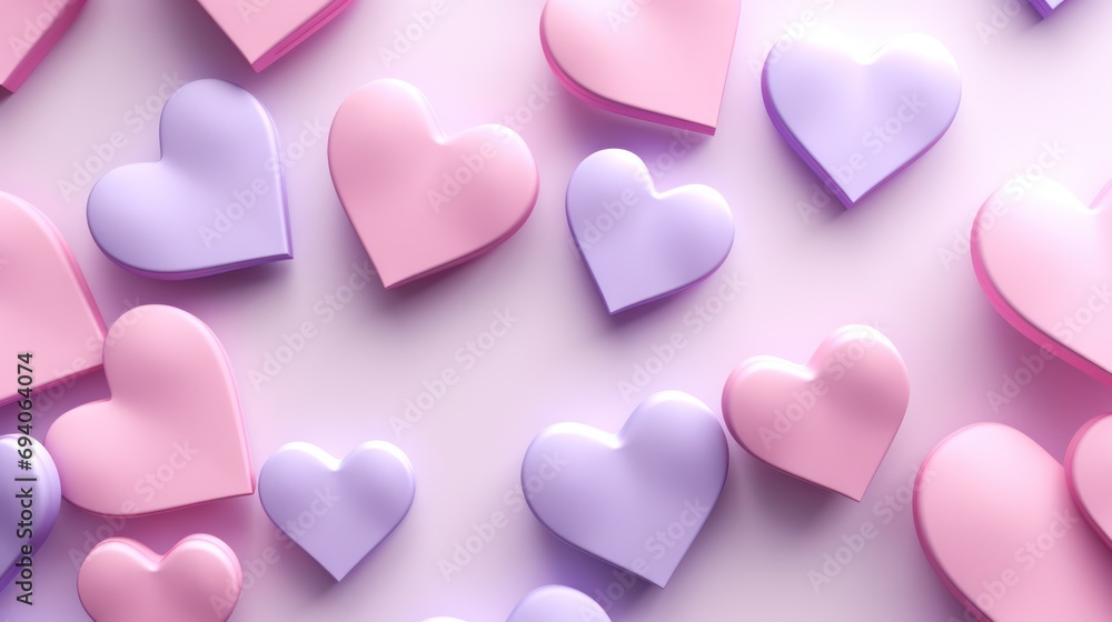 pastel pink lilac 3d render hearts horizontal banner. Valentines day backdrop.