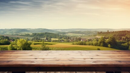 Wooden table with green field summer landscape village wallpaper background
