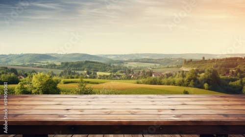 Wooden table with green field summer landscape village wallpaper background