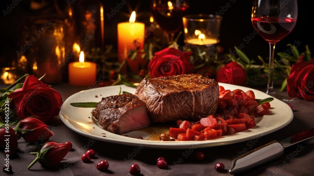 Romantic valentine day anniversary love dinner with meat dish food wallpaper background Romantic valentine day anniversary love dinner with meat dish food wallpaper background