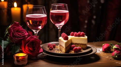 Romantic valentine day anniversary love dinner with sweet cake dessert wallpaper background