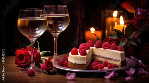 Romantic valentine day anniversary love dinner with sweet cake dessert wallpaper background