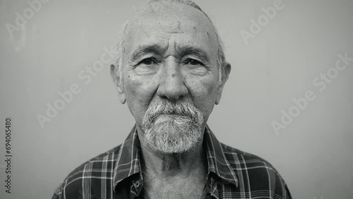 Senior man looking into the camera - Elderly people lifestyle concept - Black and white editing photo