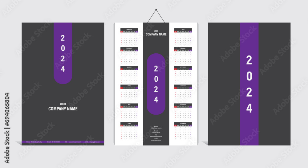 Modern and elegant calendar template for 2024 year. Week Starts on Sunday. Wall calendar in a minimalist style. Grey and purple colors. 2024 calendar. - obrazy, fototapety, plakaty 