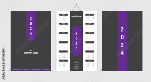 Modern and elegant calendar template for 2024 year. Week Starts on Sunday. Wall calendar in a minimalist style. Grey and purple colors. 2024 calendar.