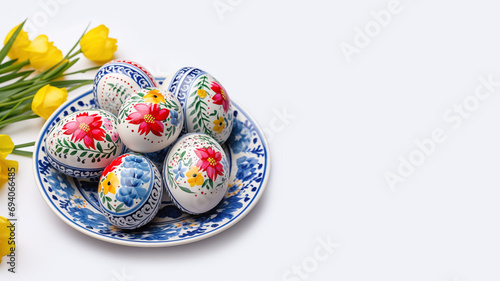 Handmade painted eggs for Easter on a white background with copy space.