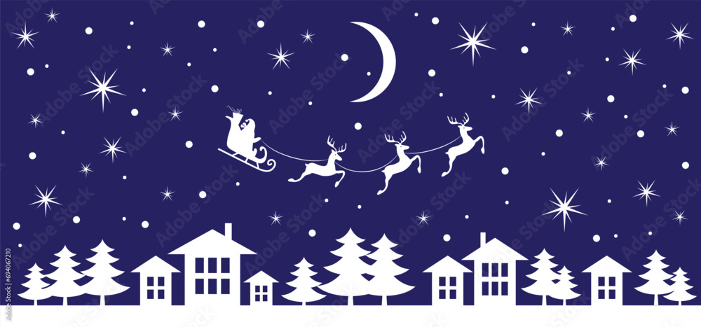 Naklejka premium Christmas and new year reindeer with santa claus on a sleign. Moon, snowflakes, houses and christmas trees background. Vector illustration.