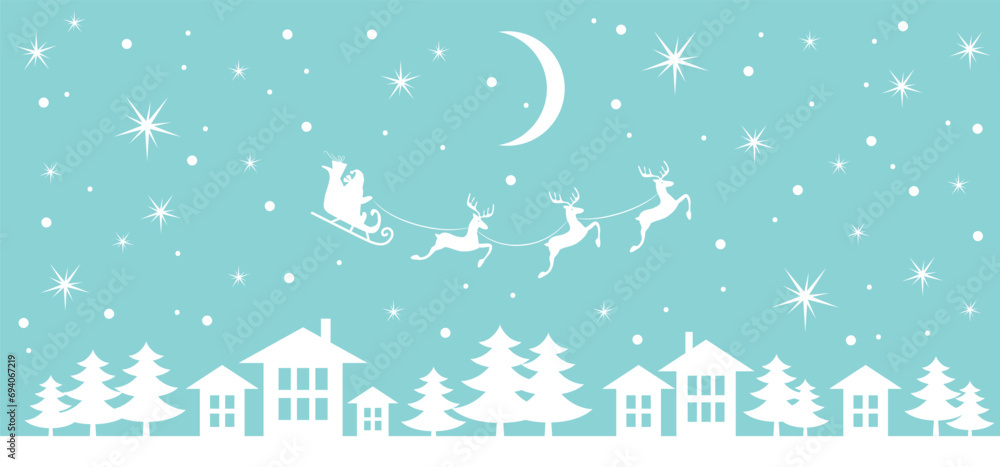 Christmas and new year reindeer with santa claus on a sleign. Moon, snowflakes, houses and christmas trees background. Vector illustration. Christmas and new year reindeer with santa claus on a sleign. Moon, snowflakes, houses and christmas trees background. Vector illustration.