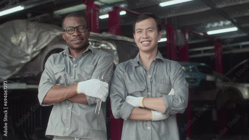 Medium portrait of multi-ethnic car service workers in gray jumpsuits looking at camera Medium portrait of multi-ethnic car service workers in gray jumpsuits looking at camera