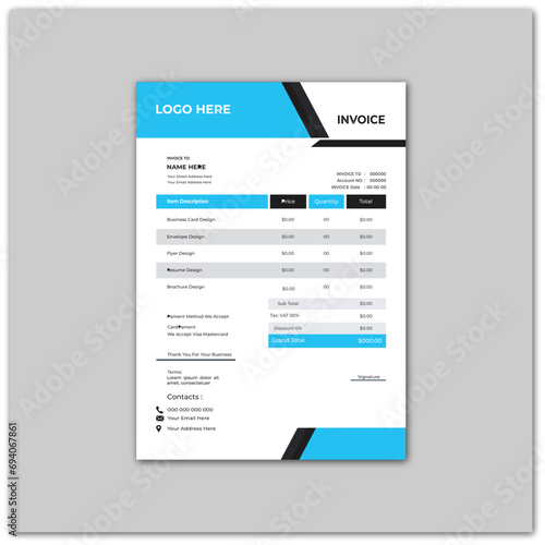 Invoice template design, invoicing quotes, money bills, price invoices, payment agreement design, business invoice, clean and minimal business modern invoice template vector design 