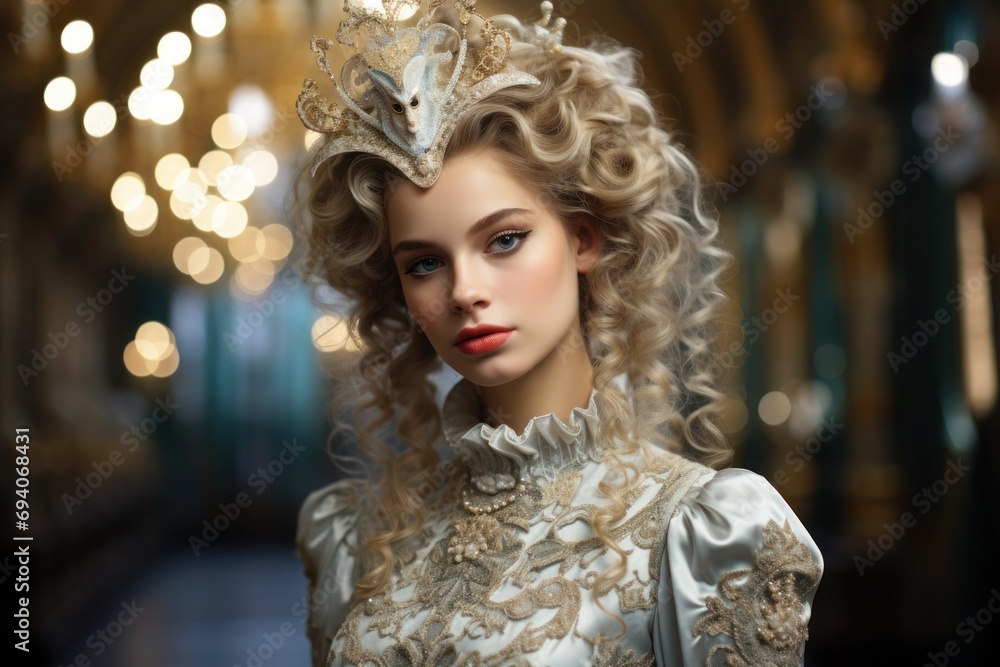 Elegant blonde lady with tiara smiles at lavish baroque ball, carnival concept. Elegant blonde lady with tiara smiles at lavish baroque ball, carnival concept.