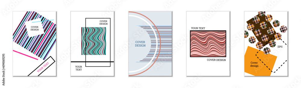 Geometric cover design, set of 5 covers. Abstract unusual background in Memphis style. Bright geometric shapes in random order Geometric cover design, set of 5 covers. Abstract unusual background in Memphis style. Bright geometric shapes in random order