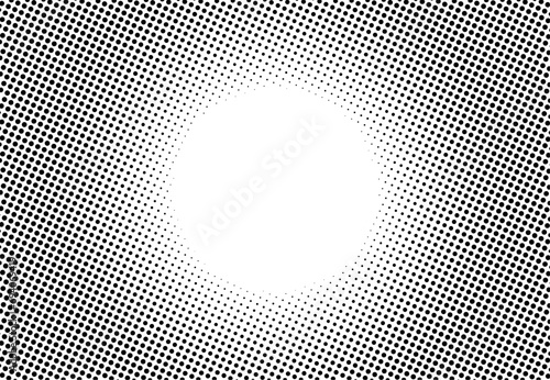 Halftone dot radial background in cartoon pop art and manga style. Abstract comic book backdrop. Gradient faded dots. Flat lay with black dots gradient effect.