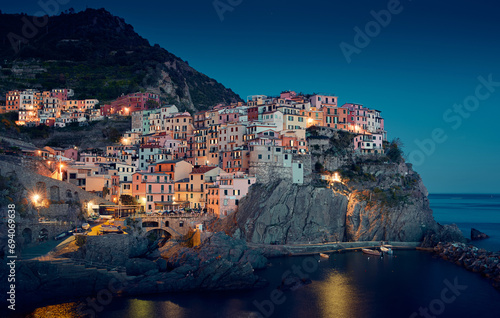 Manarola town at night, Cinque Terre region in Italy