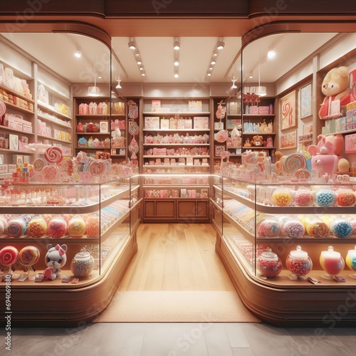 A candy store with a variety of colorful sweets on display, featuring a wooden floor and shelves, and a pink and white color scheme. photo