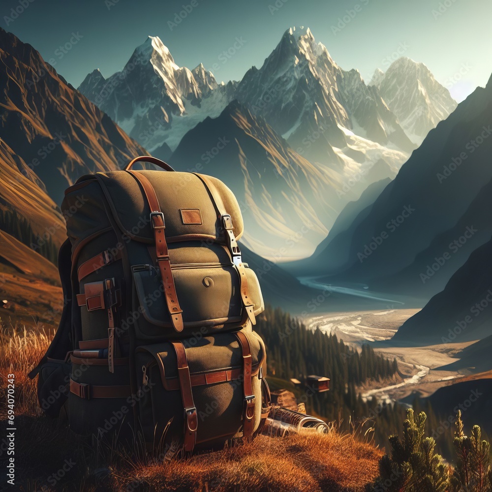 Rectangular Backpack Landscape Travel backpack on a grassy hill overlooking a mountain range and river ...