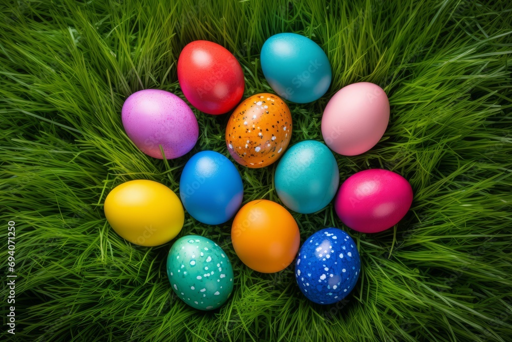 Top view of a heap of colorful dotted easter eggs in perfect green grass