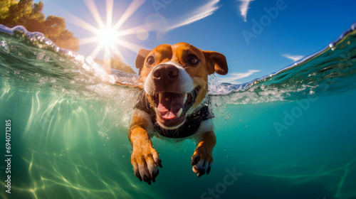 Smiling Rescue Dog swimming underwater in special suit, Portrait with bright expression of dog's face, Joyful pet, rescue people in water Vertical banner photo