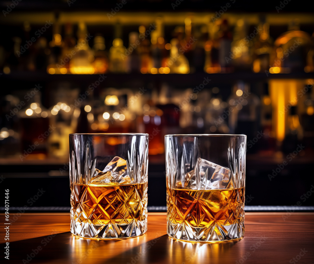 Glasses of whisky with ice on a wooden bar top.Highball whiskey glass at bar close up. Glasses of whisky with ice on a wooden bar top.Highball whiskey glass at bar close up.