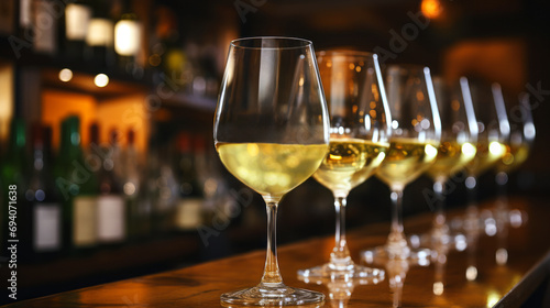 row of types white wine glasses for tasting. Glasses with different types of white wine on the bar counter, close-up.