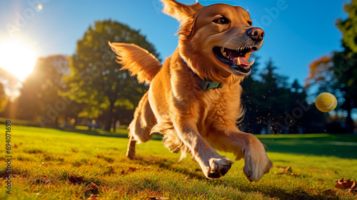 Funny Golden Retriever dog playing with a ball outside on the background of a green park with a sunlit field, Pet Games, Dog Sports, Active Lifestyle, Pet Health, Horizontal banner photo