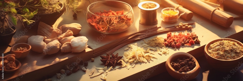 Chinese Herbal Medicine Assortment on Table - obrazy, fototapety, plakaty 