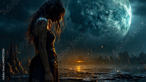 Profile portrait of a girl in the rain against the backdrop of a supermoon and a destroyed city, copied space for the concept of the destruction of life in depressive disorders photo